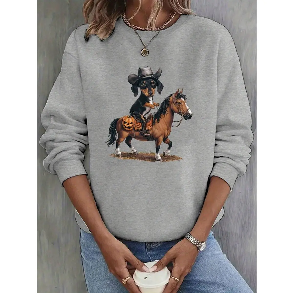 Dachshund Halloween Pattern Printed Sweatshirt, Round Neck Casual Spring And Autumn Women's Clothing