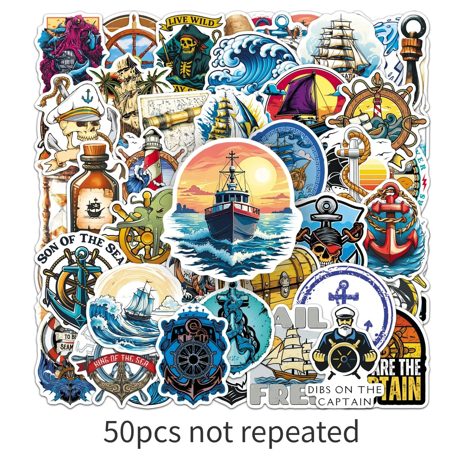 50 Pieces Nautical Era Stickers, Sailing Captain Pirate Ocean Adventure Waterproof Decorative Stickers, Cartoon Pattern, PVC Material