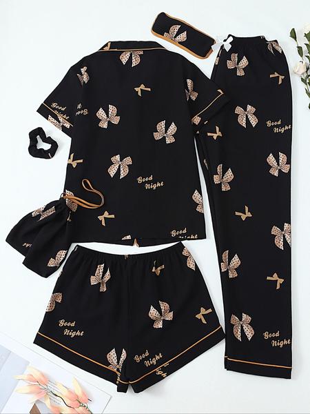 Women's All Over Print Top & Shorts & Pants & Accessories Pyjama Set, Casual Comfy Pj Set, Ladies Sleepwear for All Seasons Pajamas