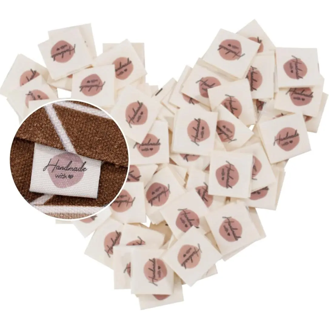 100 count Sewing Labels for  Items, Cute  with Love Tags, Personalized Crochet Tags Sew  Clothing, Custom Fabric Labels for DIY Knitting Crocheting Crafts (Beige)