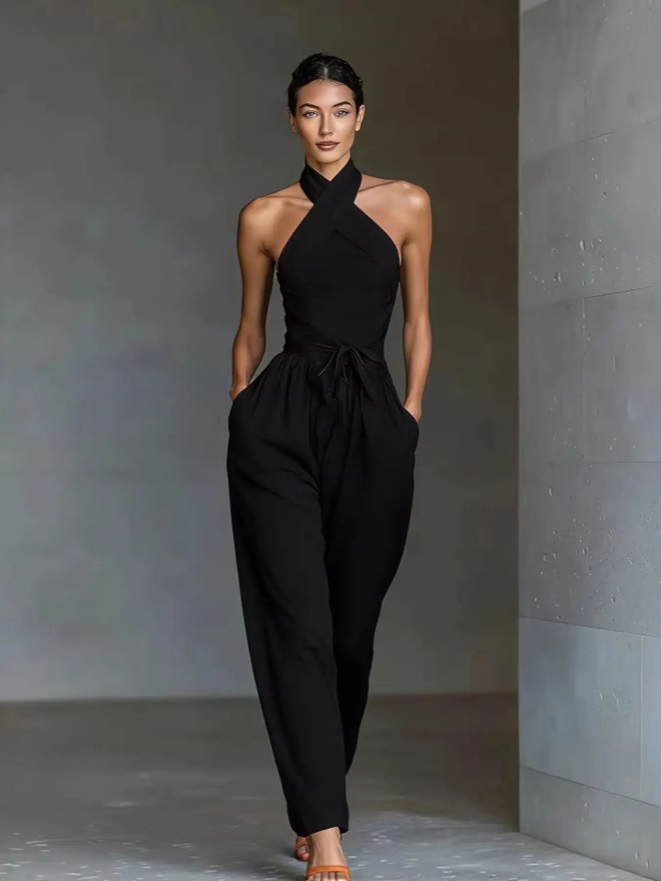 A4880 Luxurious Wrap Neck Romper with Belt and Hidden Pockets, Wide Leg Design, Casual Style, Plain Surface, High-Quality Material