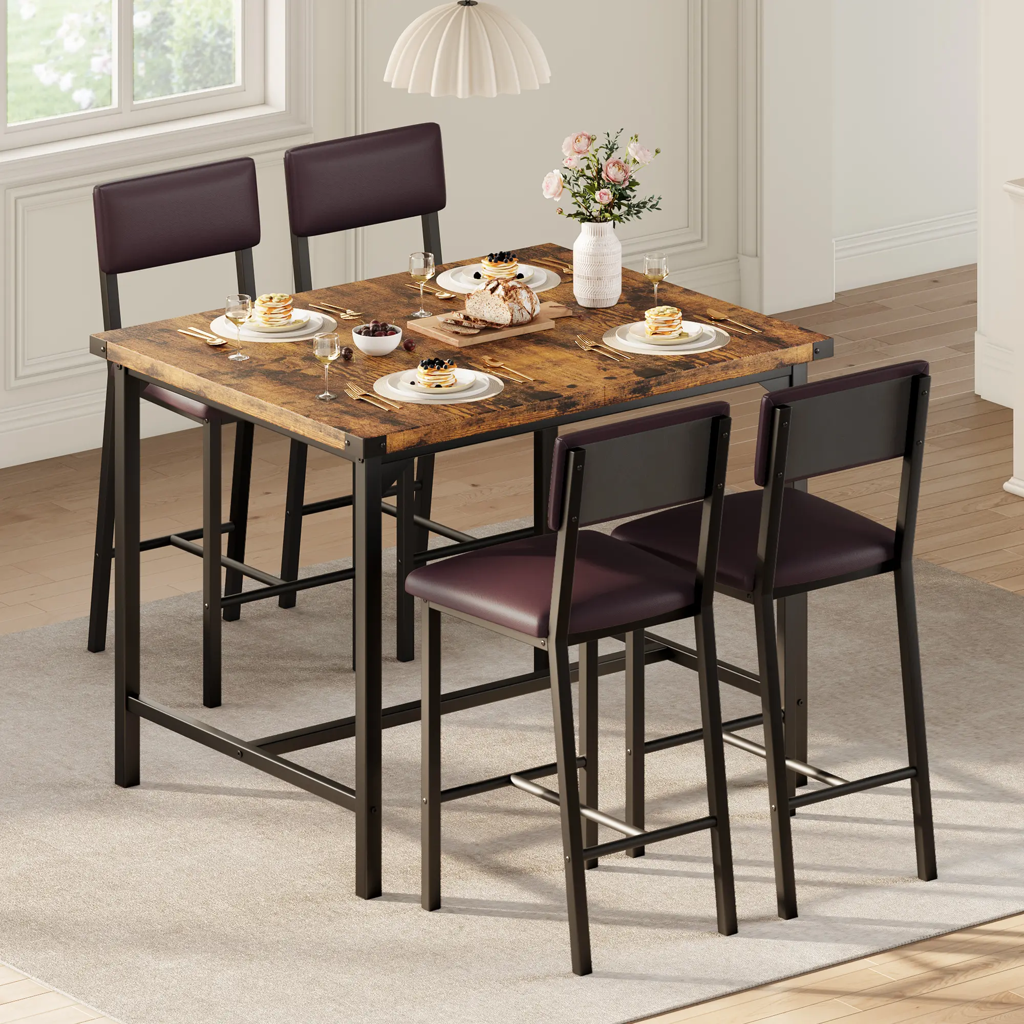 Space-Saving 5-Piece Counter Height Dining Set for 4, Table with Footrest & Corner Protectors, 4 Upholstered Bar Stools with Backs, Rustic Gray/Brown for Kitchen Apartment Pub