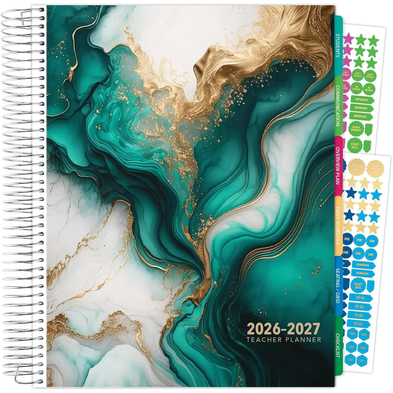 DELUXE TEACHER PLANNER Aug 2026-Jul 2027 8.5x11 Daily Weekly Monthly Organizers with 7 Periods, Pocket Folder, Dated Calendar, Page Tabs, Bookmark and Planning Stickers (Teal  Marble)