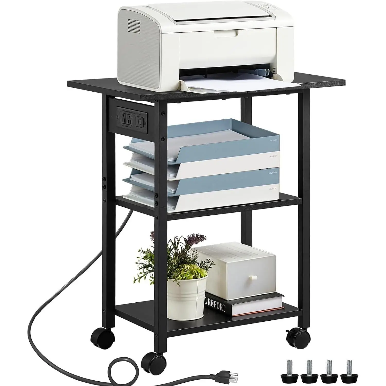 3-Tier Rolling Printer Stand with Charging Station, Mobile Printer Table