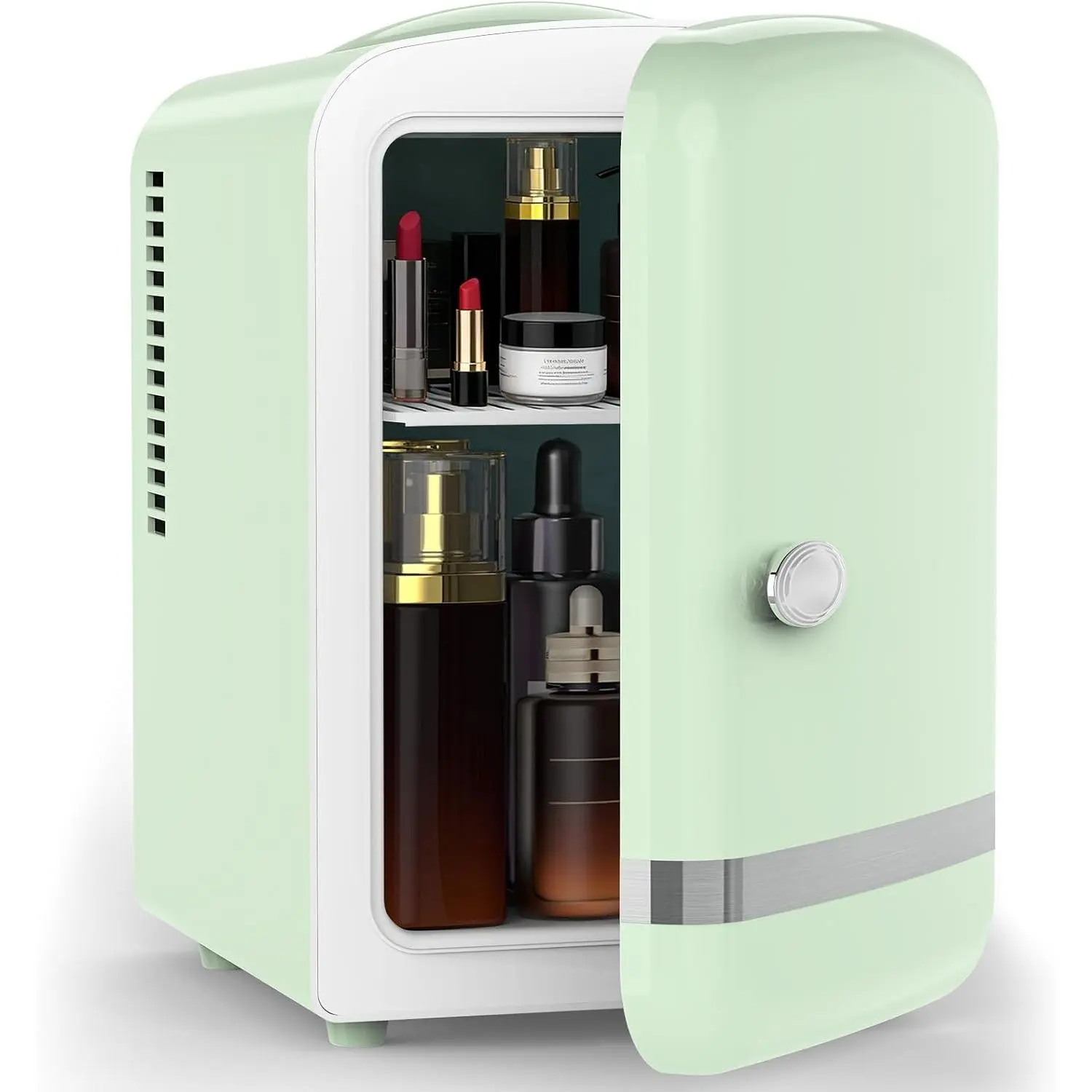 Mini Fridge, 4L/6 Cans Cosmetic Fridge for Bedroom, Green | Retro Small Fridge for Makeup & Beverage, Energy Saving, Low Noise, 120V AC/12V DC, Portable Cooler & Warmer for Countertop