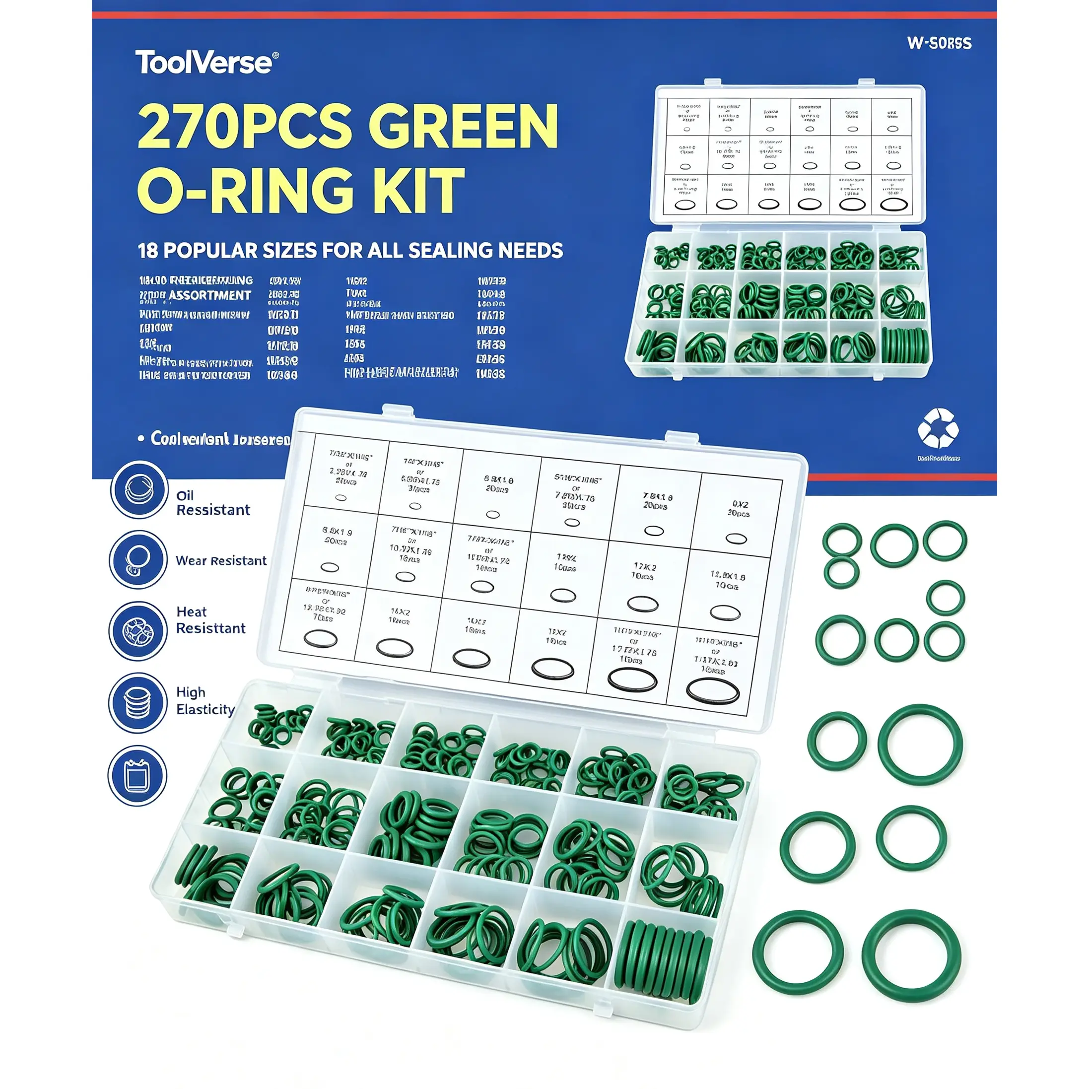 ToolVerse| 270PCS Green NBR O-Ring Assortment Kit, 18 Sizes Metric & Fractional Rubber Seal Washers, Oil Heat Resistant Green O Rings for Auto AC, Plumbing Faucet, Hydraulic Pipe, Industrial Machinery Repair