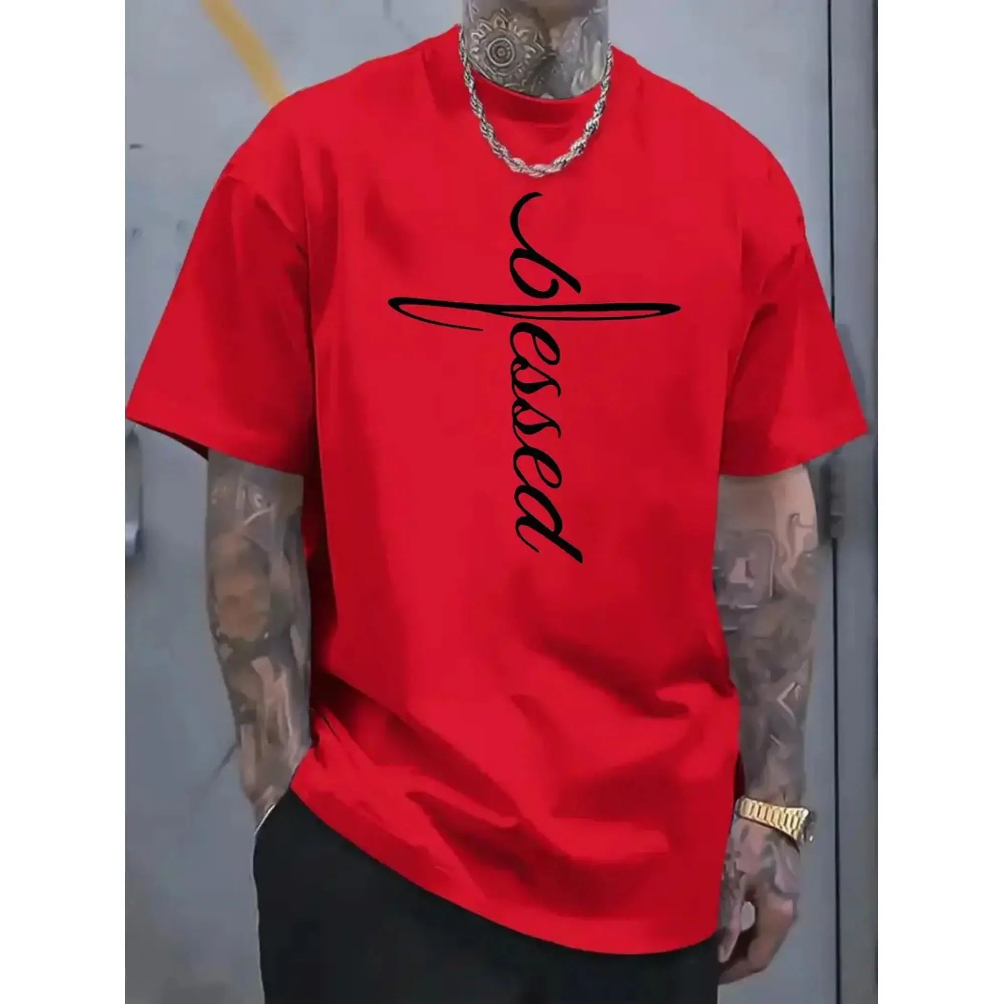 Men's Blessed T-Shirt Suitable for All Seasons - Soft Stretch Crew Neck Shirt with 'Blessed' Print, Comfortable Casual & Formal Wear, Machine Washable Gift Top for Birthdays, Graduation, Daily Use - Basic Wardrobe Essential for