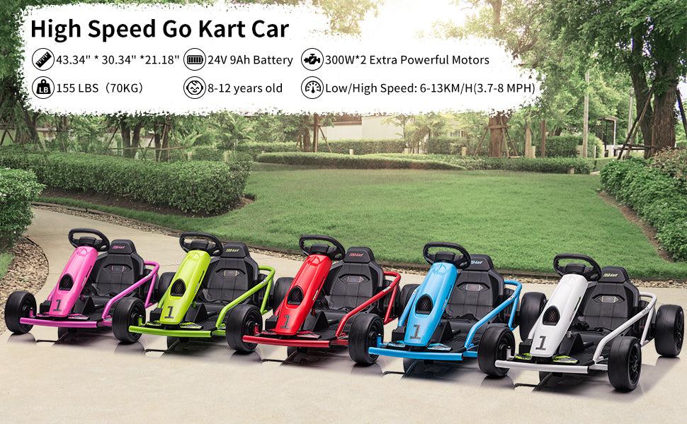 GARVEE 24V Go Kart for Ages 8-12 with Dual 300W Motors, 9Ah Battery, 8MPH Speed, Music, Horn, and 175lbs Max Load Capacity Available in Red, Blue, White, Pink, and Green