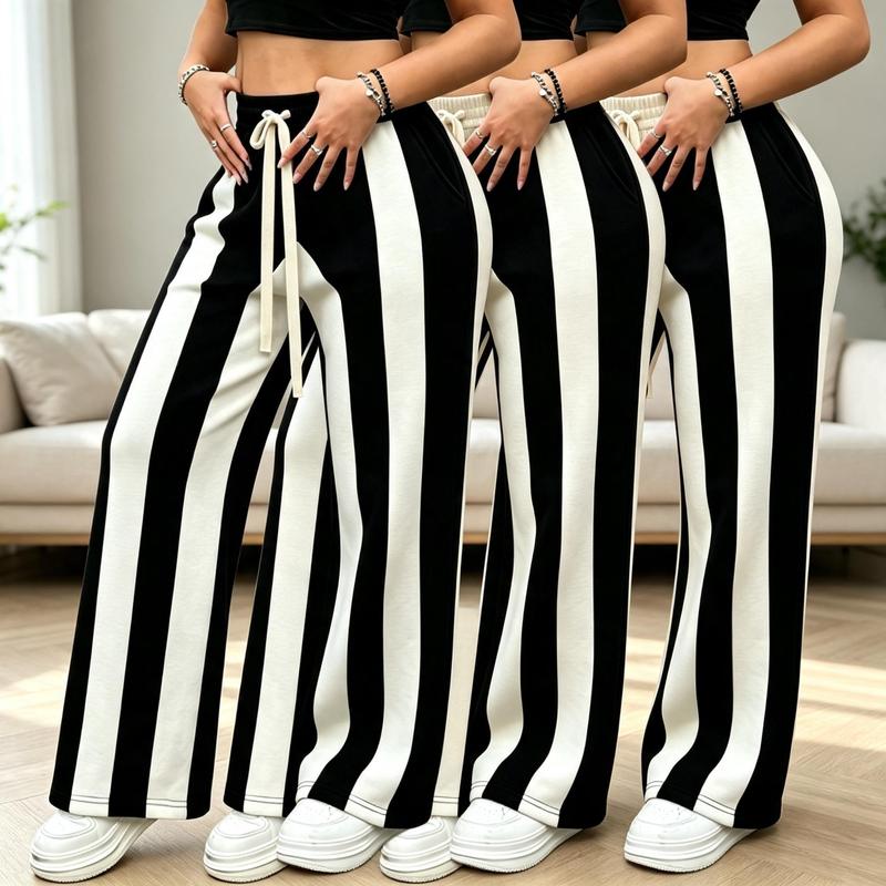 Women's 3-Pack Universal Oversized Striped Female Sport Joggers - Soft Fabric, Drawstring Waist, Relaxed Loose Fit for Lounging, Errands - Machine Wash Cold