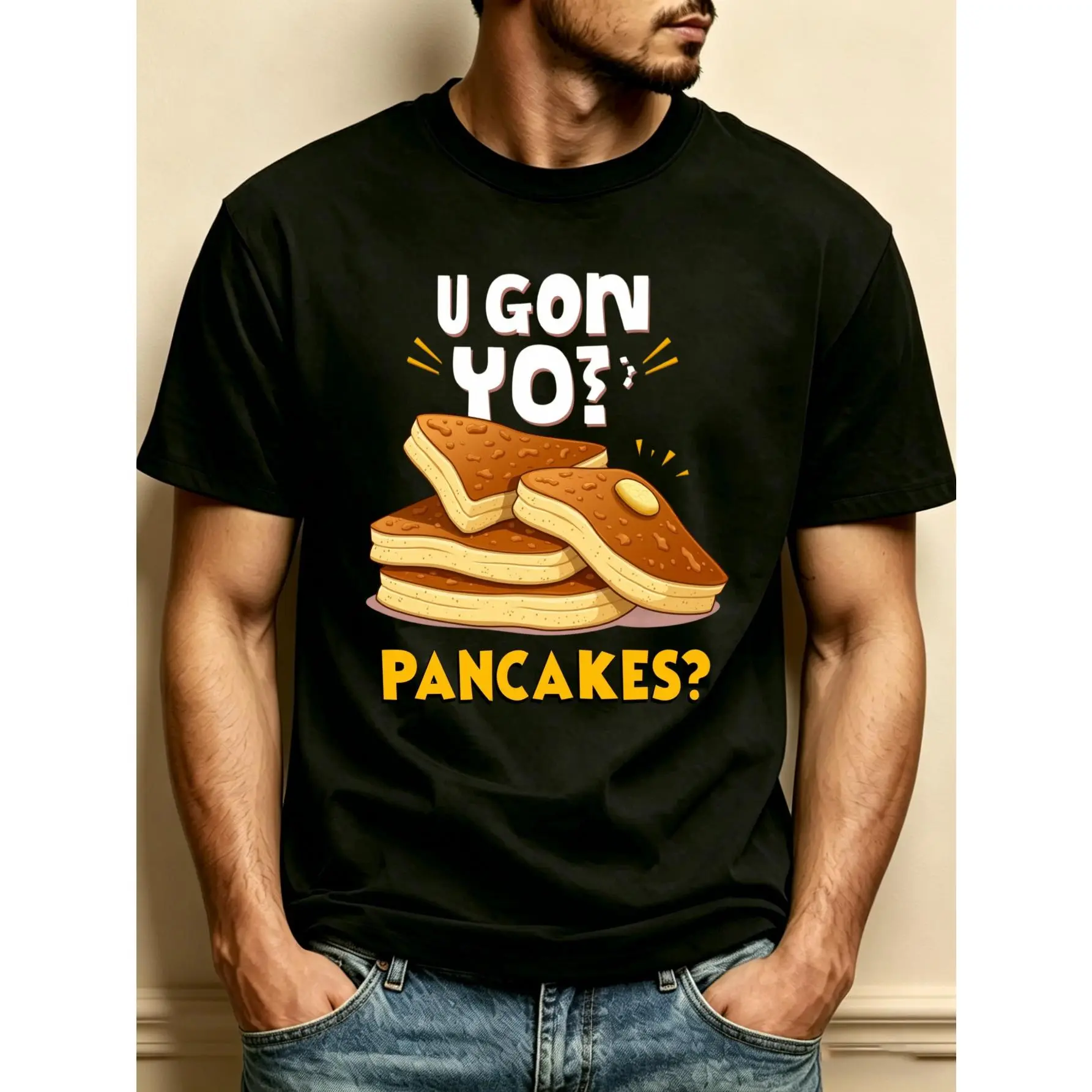 Pancake Themed Graphic Mens Crewneck T Shirt Loose Fit 100 Percent Fashionable And Versatile Soft Comfortable Fabric Ideal For Daily Wear And Holiday Gifts Fun Pancake Design With Playful Text Perfect For Spring And Summer Seasons Great Gift Fo,Br,,T,Plus