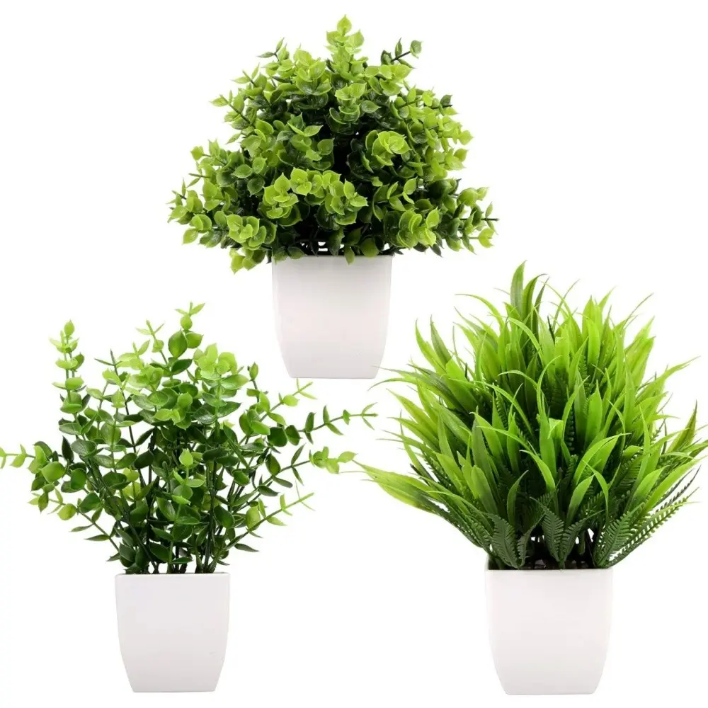 3Pcs Mini Fake Plants in Pots Artificial Plastic Eucalyptus Plant Wheat Grass Potted Faux Greenery Indoor for Office Desk Coffee Table Bathroom Bedroom Home Decorations