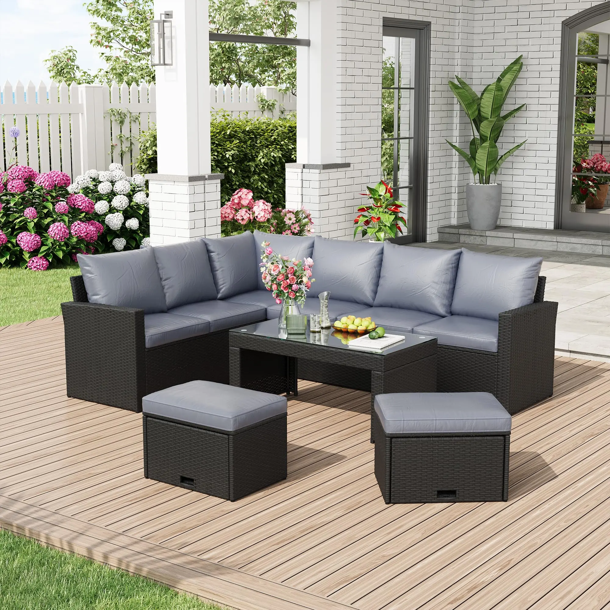 Extra Large 5-Piece Patio Sofa Set – 87'' All-Weather PE Rattan Wicker Couch – Thick Grey Cushions – Outdoor Conversation Furniture for Backyard, Porch, Balcony – Yellow-Gray Rattan, Black Cushion