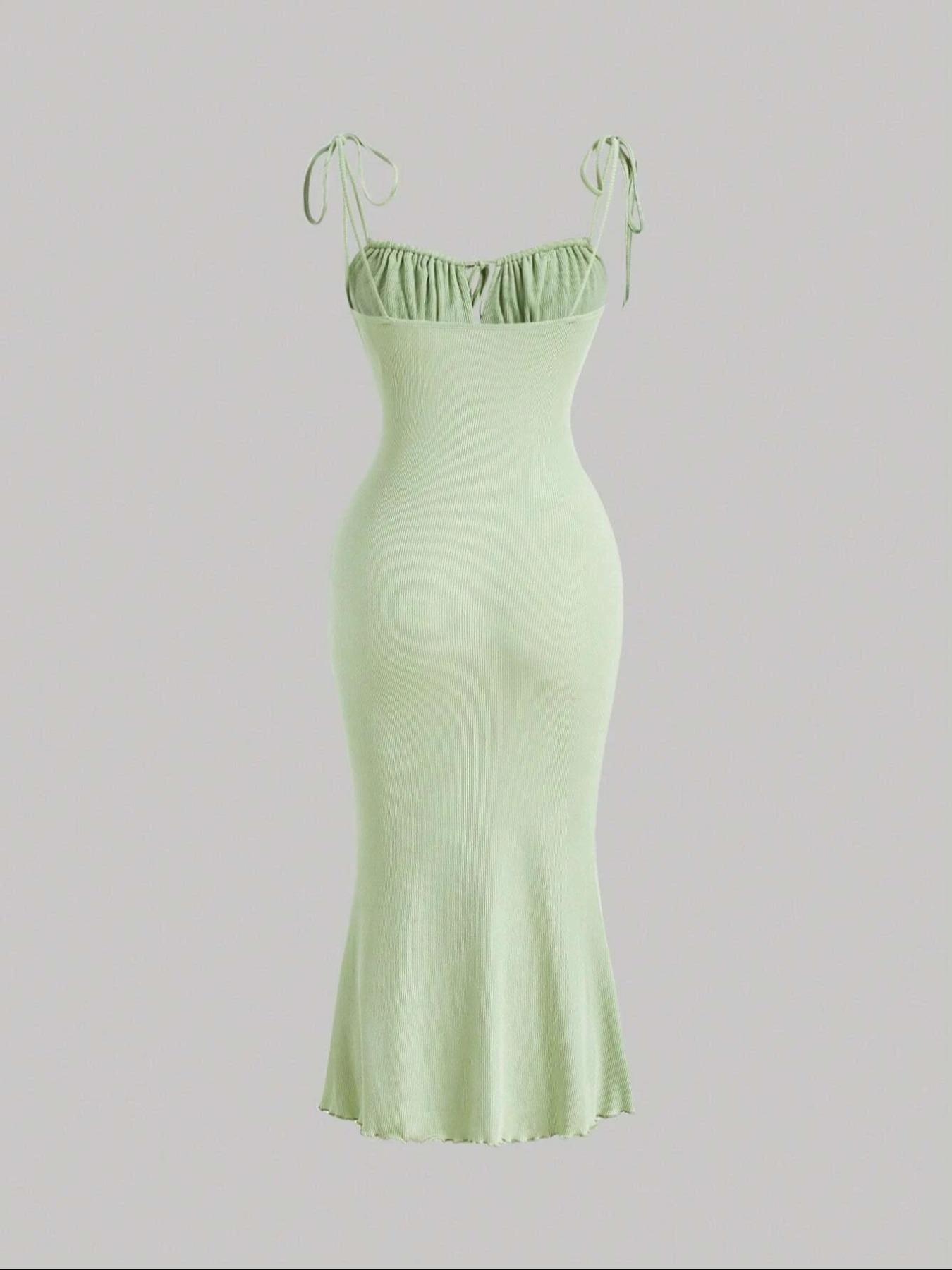 Women's Plain Ruched Lettuce Trim Tie Front Cami Dress, Casual Sleeveless Spaghetti Strap Adjustable Tie Shoulder Long Stretchy Bodycon Dress for Summer, Ladies Clothes for Beach Holiday