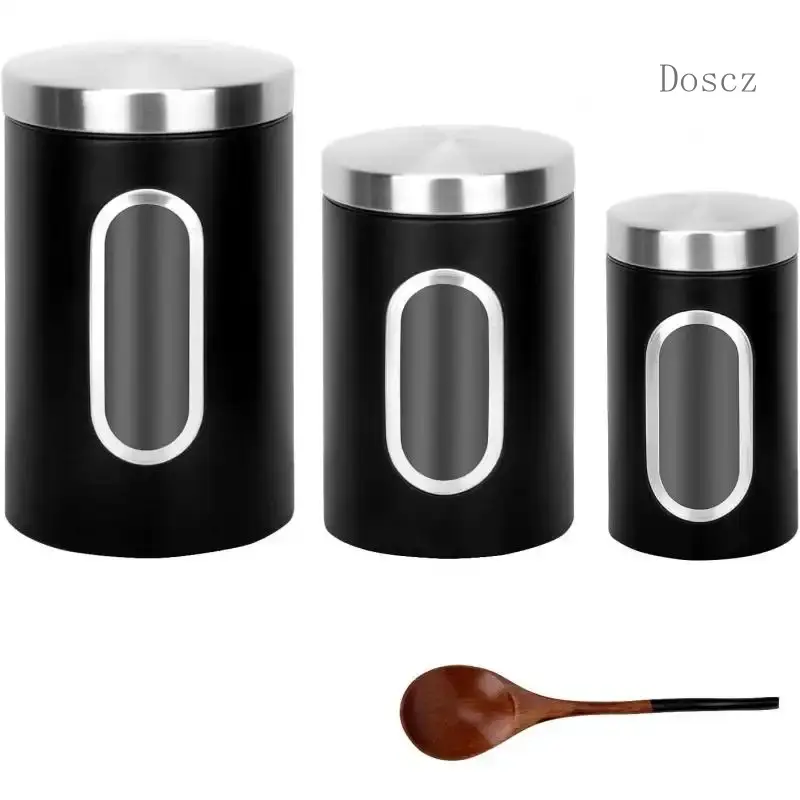 Black Kitchen Counter Canister set 3 count, 0.9/1.6/2.9 Quarts Stainless Steel Flour Sugar  Coffee Biscult Storage Containers with with Long  Spoon&Visible