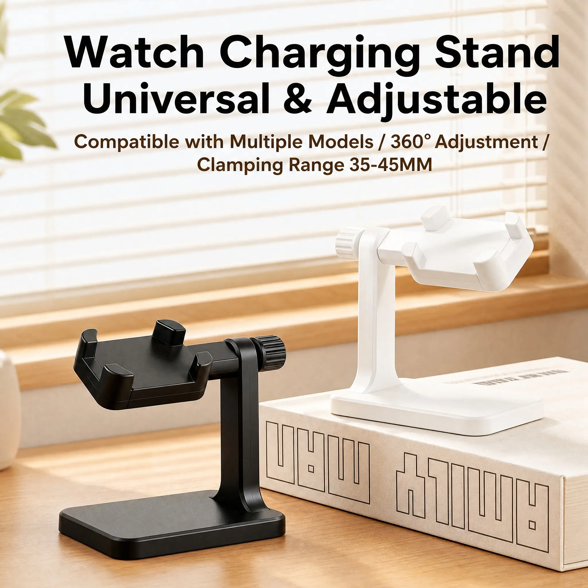 Simple Desktop Watch Charger Stand, 360° Rotating Auto Clamping Base, Cable Management Slot, Universal Smartwatch Holder