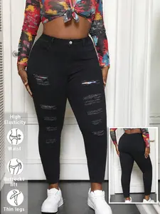 Plus Size Women's High Waist Stretch Denim Jeans, Colorful Patchwork Ripped Ankle Pants, Casual Fitted Long Pants for All Seasons