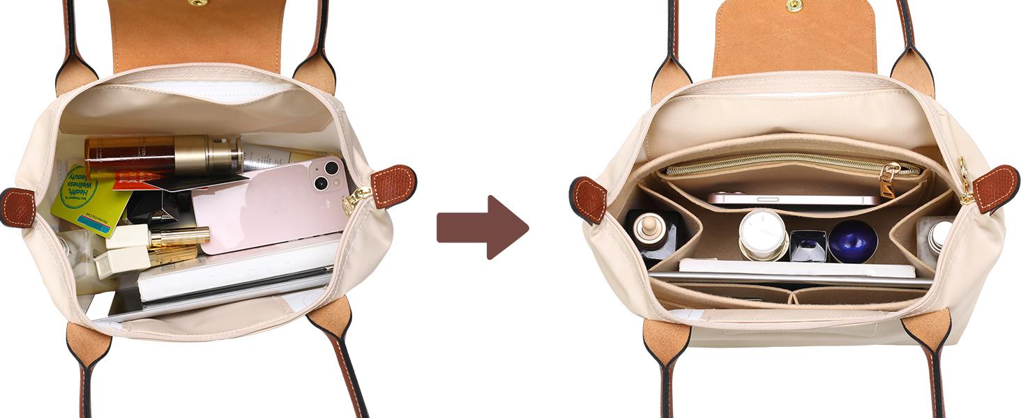 Purse Organizer Insert for Longchamp Le Pliage, Premium Felt Long Champ Bag Handbag Women, Tote Organizer Insert with 9 Compartments (Large, Pink)