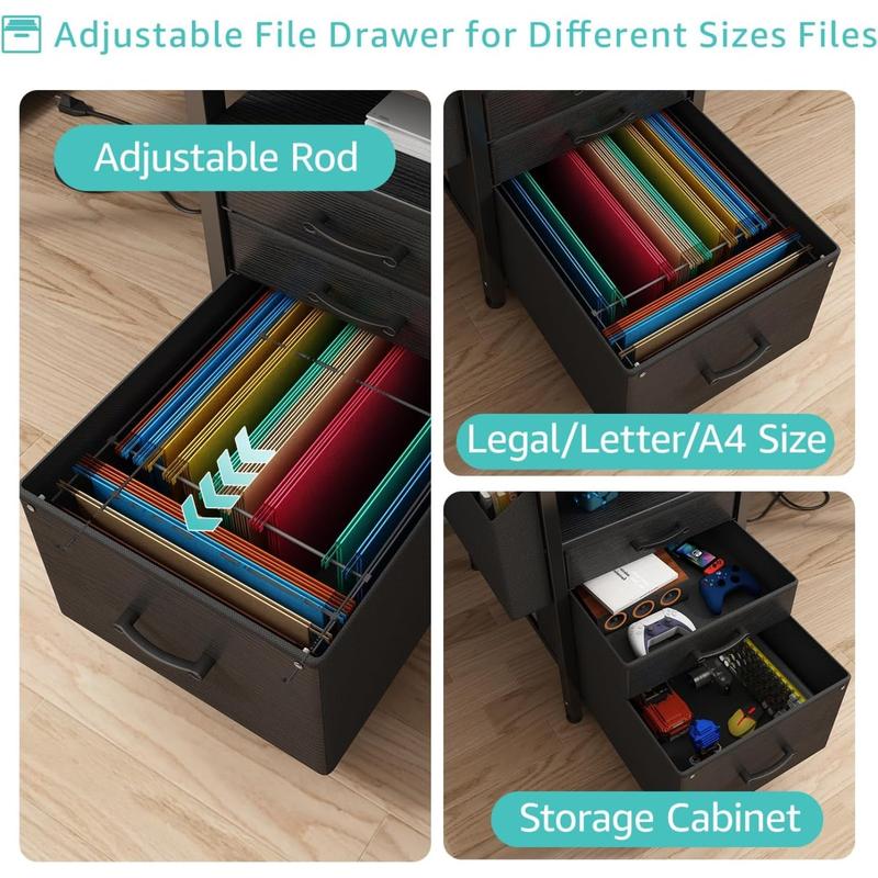 Lufeiya Gaming Desks with Led Lights and Power Outlets, 55 Inch Computer Desk with File Drawers Cabinet, Home Office Desk with Shelves Monitor Stand, Black, Get Free Gift