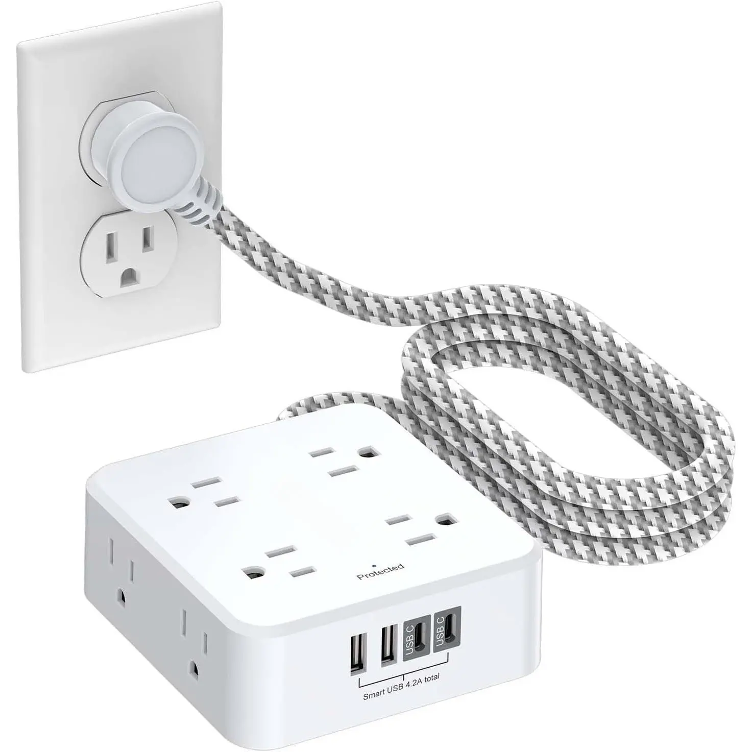 Surge Protector Power Strip -  5Ft Braided Extension Cord with 8 Outlets with 4 USB (2 USB C)  Ports, Flat Plug Multi Plug Outlet Extender  Station for  Office, ETL, White
