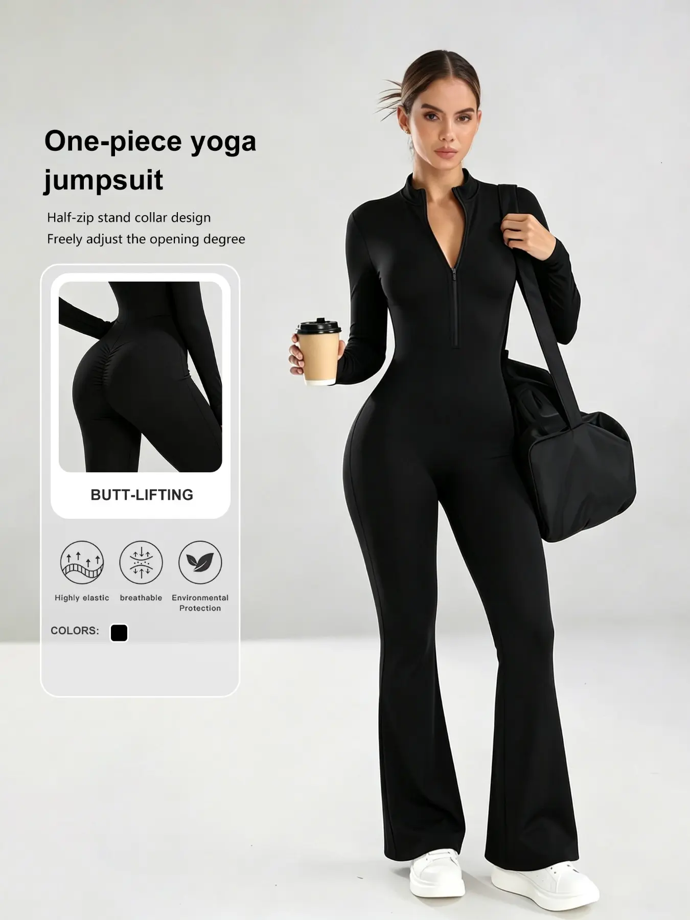 Women's Half-Zip Stand Collar Yoga Jumpsuit, Adjustable Neck Long Sleeve Fitness Jumpsuit, High Stretch Breathable Yoga Wear, Stretchy Jumpsuit