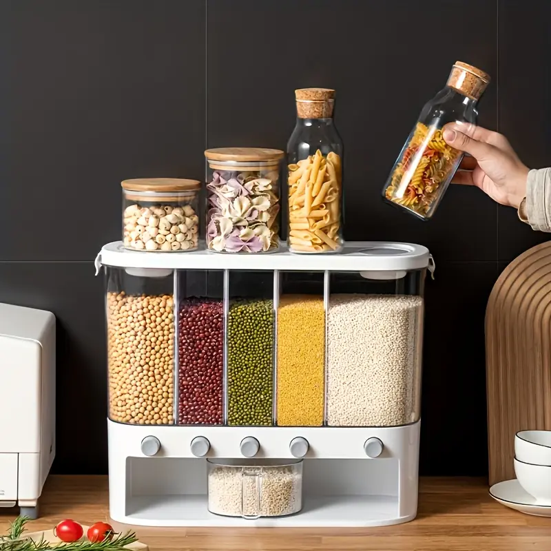 Upgrade 5 Grid Airtight Kitchen Storage Container, Space Saving Moisture & Insect Proof Grain Organizer, 3.17Gal Rice Bin, for Rice, Grain, Flour, Pet Food, Home Airtight Rice Bucket, Kitchen Must Have, Best Seller