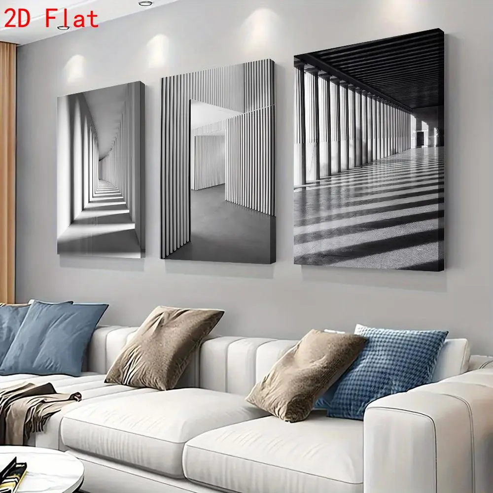 2D Flat, Set of 3 Modern Minimalist Black And White Architectural Wall Art Posters, Perfect for Decorating The Living Room Or Office Corridor with Abstract Geometric Designs