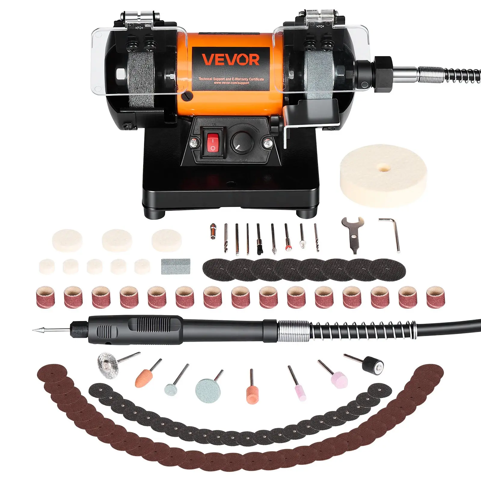 VEVOR Bench Buffer Polisher, Variable Polishing Power Tool with 8300-10600 RPM Adjustable Speed, Grinding/Fiber/Wool Wheels, 100-Piece Accessory Kit, Flexible Shaft, Transparent Splash Guard, Support Rest, Precise Control for Jewelry, Metal
