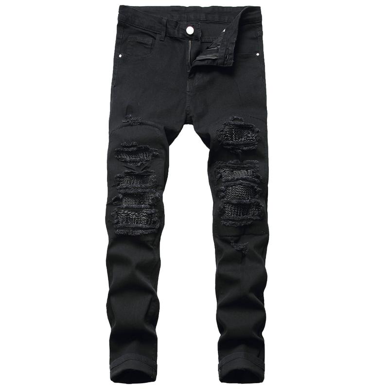 High Street Ripped Black Slim Fit Skinny Jeans for Men with Leather Patch and Stretch Men's Long Pants