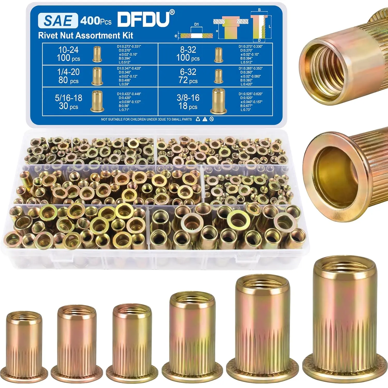 400Pcs SAE Rivet Nut Kit, UNC Threaded Insert Nutsert Set, 6-32 8-32 10-24 1/4"-20 5/16"-18 3/8"-16 Flat Head Carbon Zinc Plated Rivnuts for Sheet