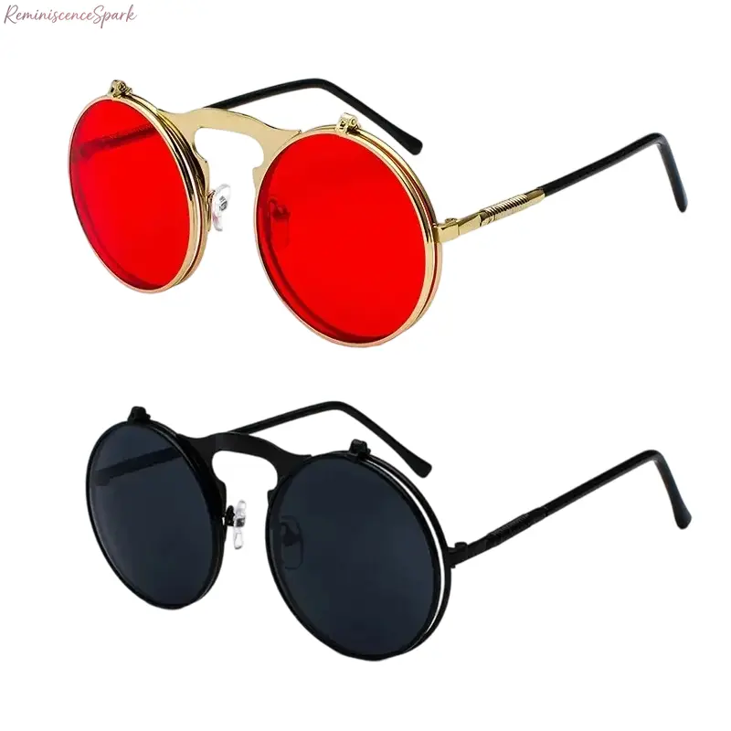 2-Pack Flip Type Retro Round Metal Sunglasses - Vintage Aesthetic Steampunk Vibe Eyewear for Men, Retro Flair Sports Eyewear, Daily Stylish Accessory with Unique Flip Design, Ideal for Casual Outings