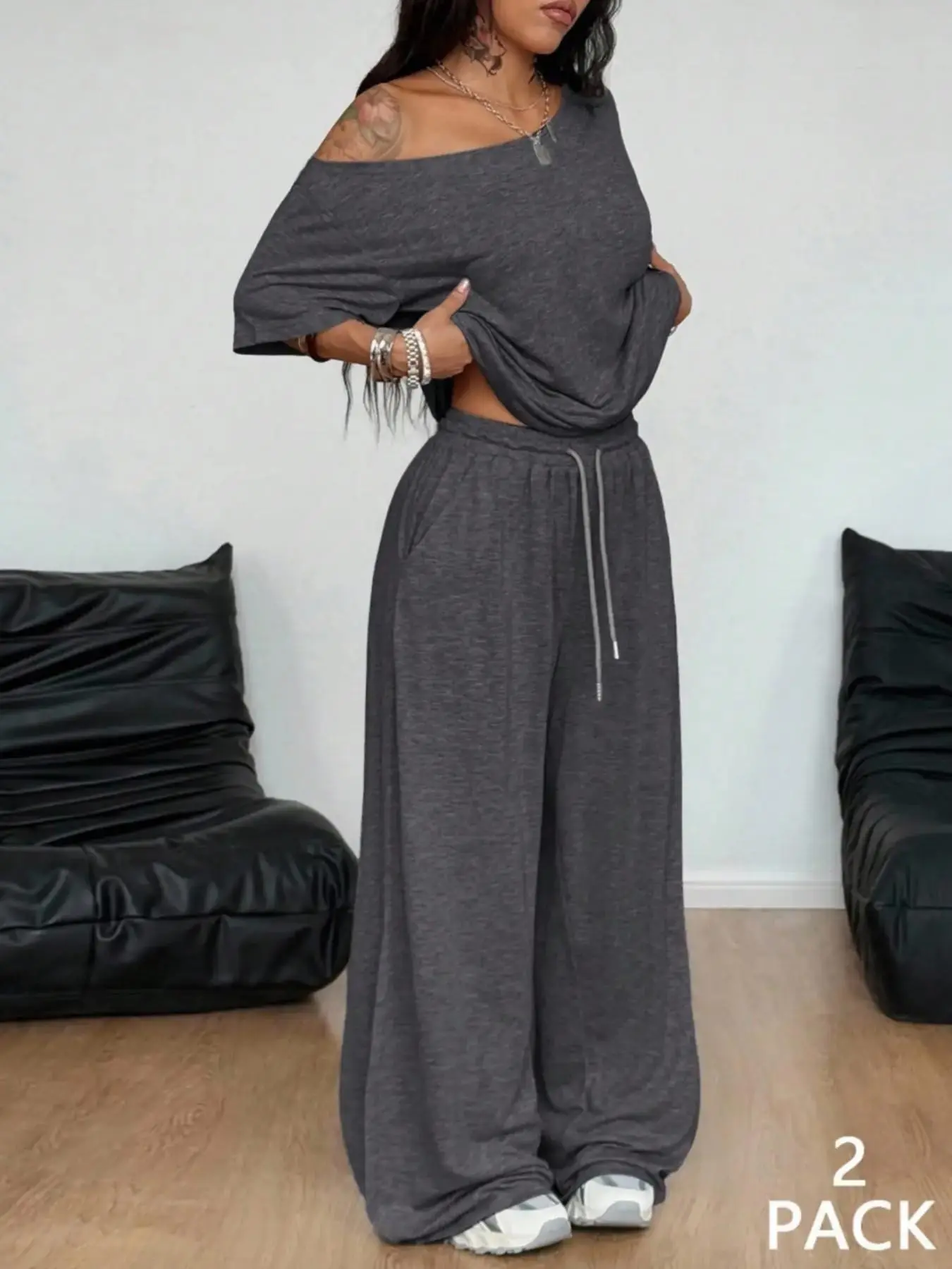 Plus Size Women One Shoulder Top & Wide Leg Pants Minimalist 2 Piece Outfit, Spring Fall Casual Off Shoulder High Waist Trousers Comfortable Y2K Matching Set, Ideal for Daily Commute, Sports, Dates, Parties & Festivals