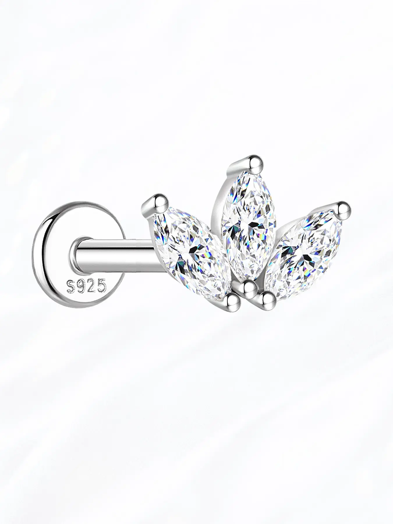 VORA 18K Gold Plated Waterproof S925 Sterling Silver VVS Synthetic Moissanite Earring | D Color Marquise Crown Diamond Flatback Cartilage Stud | Tarnish Free Sleep Safe Helix Piercing | Ideal Holiday Gift Choice
