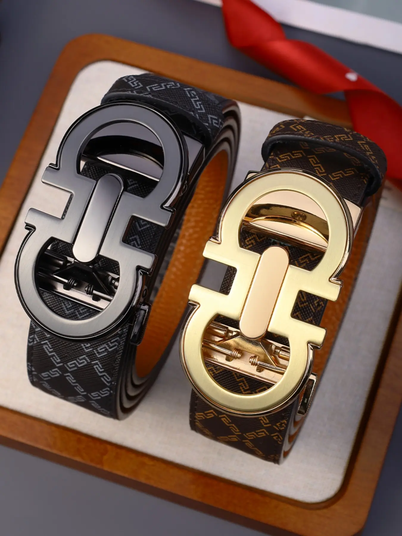 New Fashion Men's Belt Automatic Buckle Alloy Letter Buckle Business High-Quality Leather Belt, Geometric Pattern, All Seasons