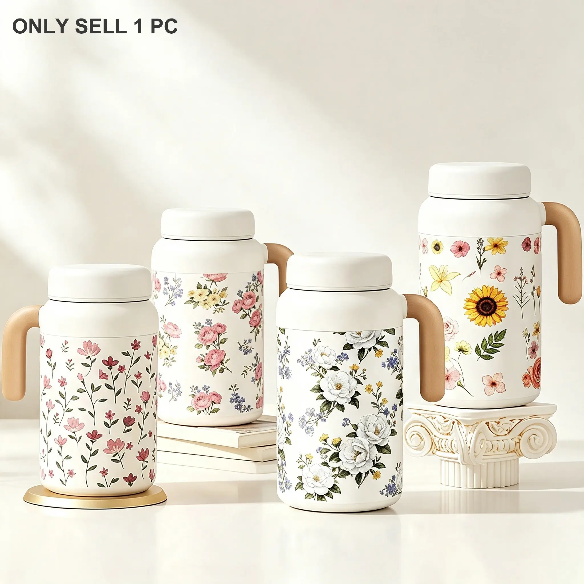Flower Pattern Vacuum Cup, Teapot with Filter, Large Capacity Insulated Water Cup with Handle, Vintage Floral Office and Home Thermos, Travel Insulated Cup, Loose Tea Infuser, Suitable for Hot Drinks, Ideal for Parties and Home Use