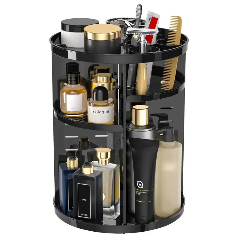 8 Tier DIY Adjustable 360° Rotating Makeup Organizer with Brush Holder & Perfume Tray, Black Large Capacity Spinning Skincare Storage Lazy Susan, Multi-Function Vanity Bathroom Counter Organizer, Space Saving Vanity Decluttering Hack