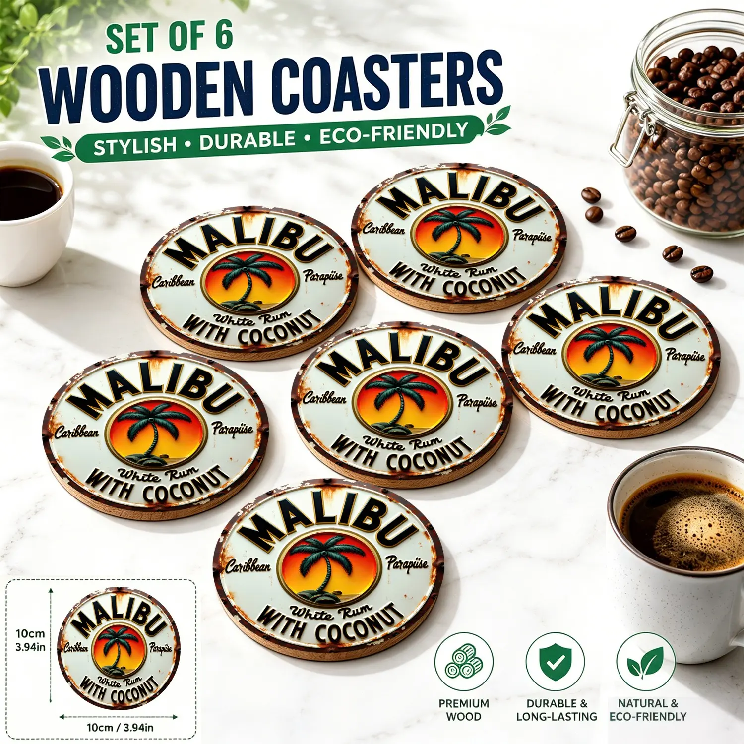 6 PCS Malibu Rum Wooden Coasters Set | Vintage Caribbean Paradise Palm Tree Sunset Sign | White Rum with Coconut Tiki Bar Decor | Heat Resistant Drink Mats | Beach House Summer Gift