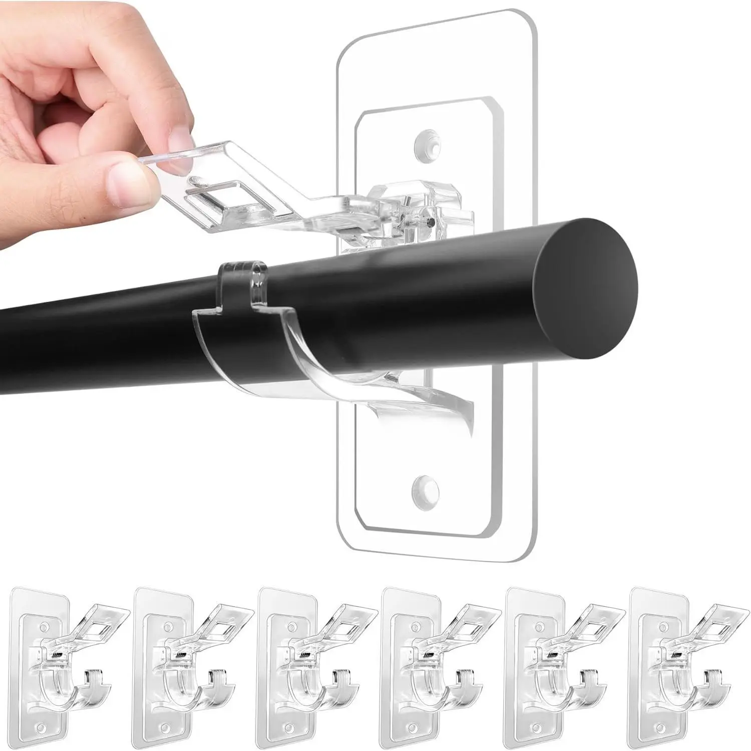 4-Pack No Drill Curtain Rod Holders, Self Adhesive Rod Brackets – Nail-Free Stick on Curtain Hooks for Dorm, Kitchen, Bathroom & Home (Transparent)
