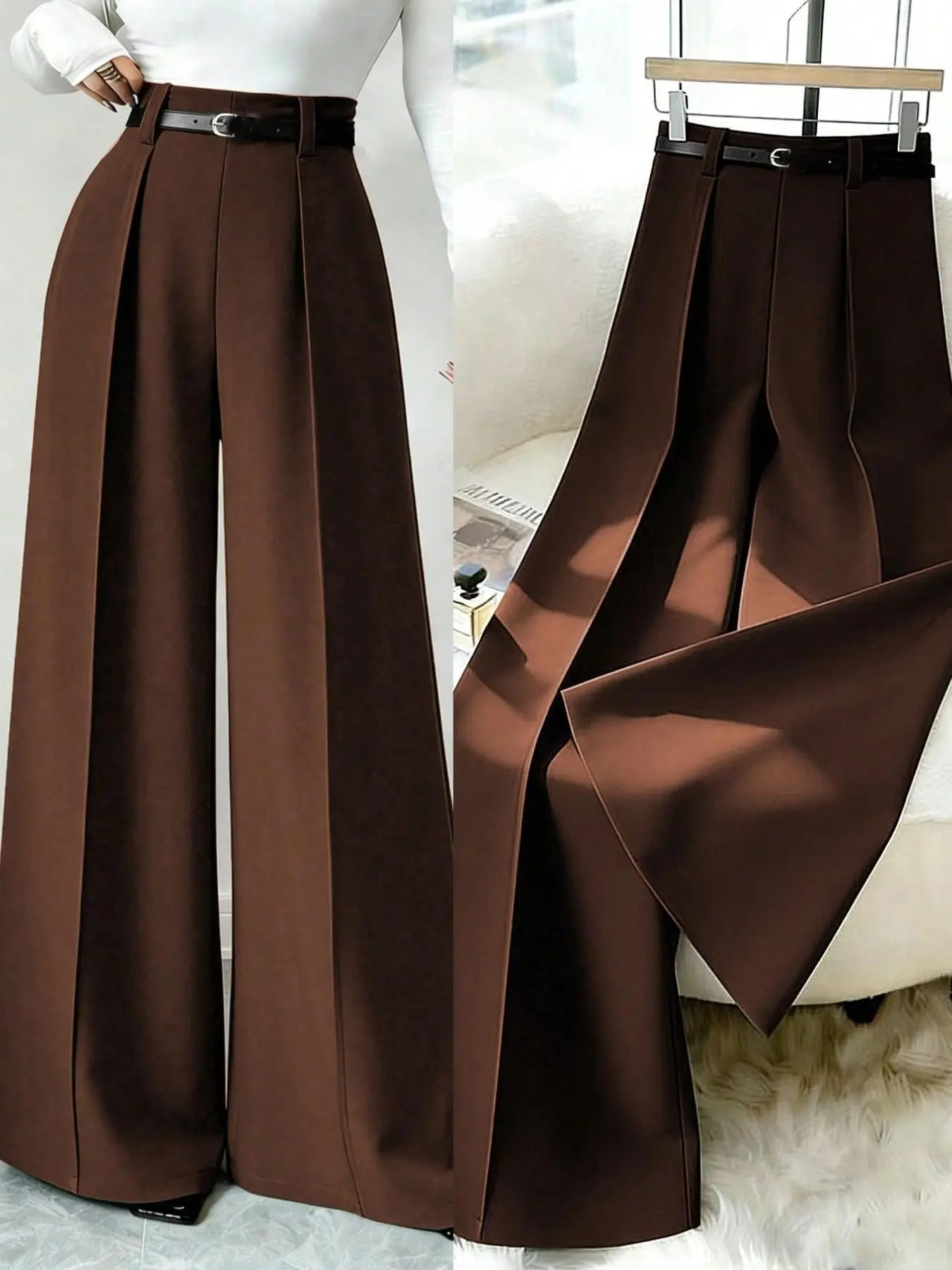 New Retro Commuter Casual Fashion Wide Leg Pants, High Waist Loose Straight Leg Pants, Versatile Women's Pants with Belt