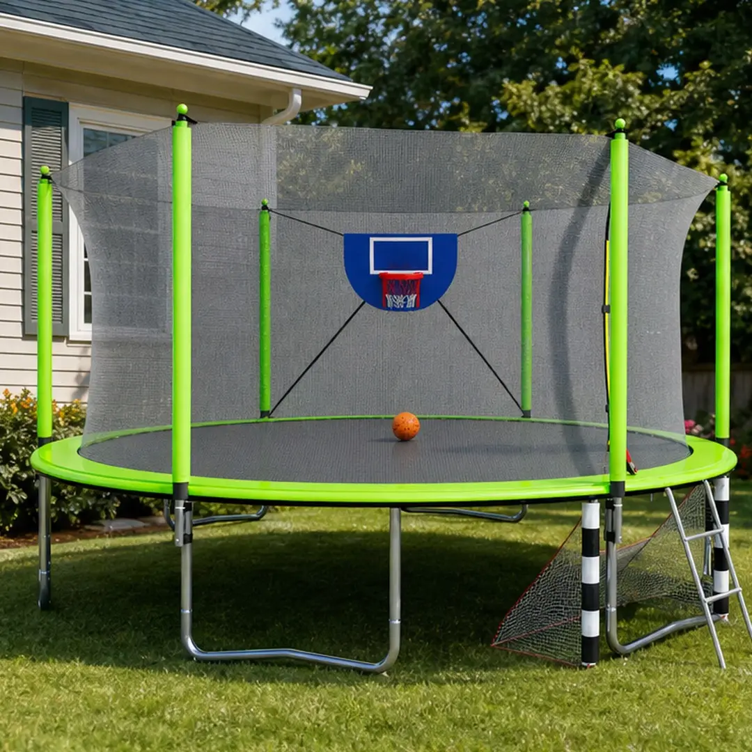 16FT Outdoor Trampoline for Kids with Safety Enclosure, Basketball Hoop & Soccer Goal, High-Bounce Combo Set with UV-Protected Steel Frame and W-Shaped Legs for Backyard Play, Kids Outdoor Play, Outdoor Play Sets