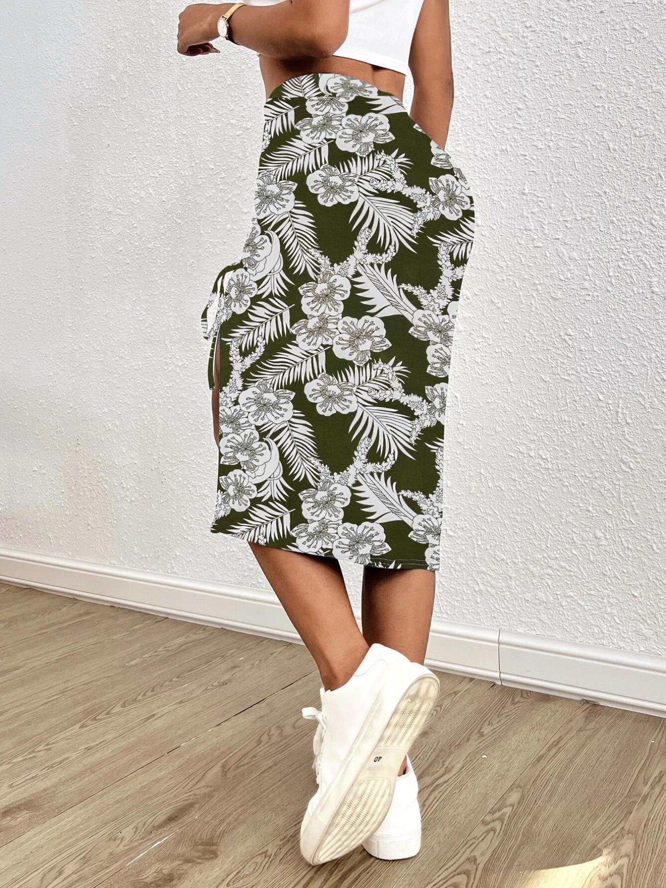 Women's Solid Adjustable Drawstring Ruched Split Thigh Fitted Bodycon Skirt, Fashion Chic Casual Knee Length Skirt for Daily Outdoor Wear, Women Bottoms for Summer Spring