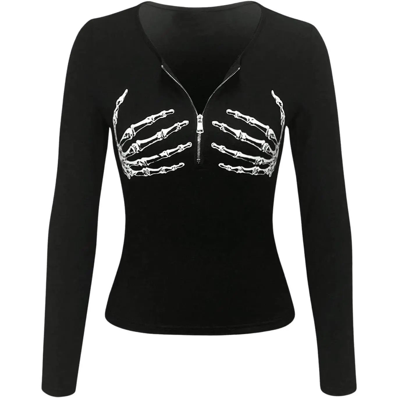 Women's Goth Skeleton Graphic Tee Shirt Zipper Long Sleeve Slim Fit Tops