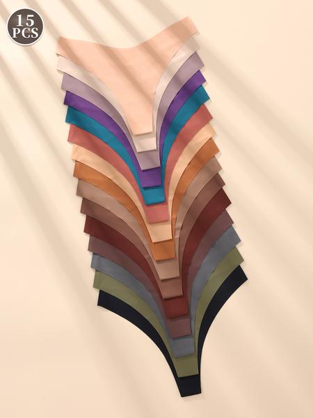 15 Pcs Women's Underwear Set, Comfortable Seamless Low Waist Thong Panties, Casual Fitted Design, All Season Wear, Daily Use Essentials, Soft Comfy Panties