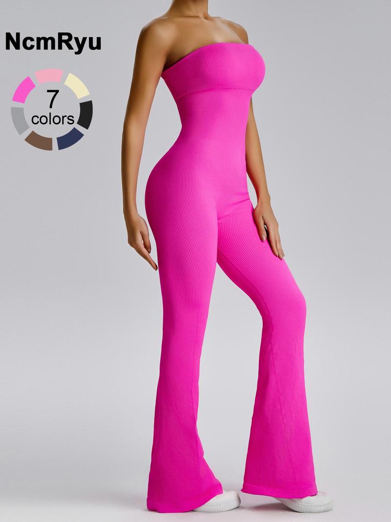 Women's Sexy Yoga Ribbed One Piece Tube Jumpsuit Rompers Flared Trousers Tights Push-up Sports Bodysuit Women Fitness Suit Workout Sportswear Gym Sportswear Jumpsuits