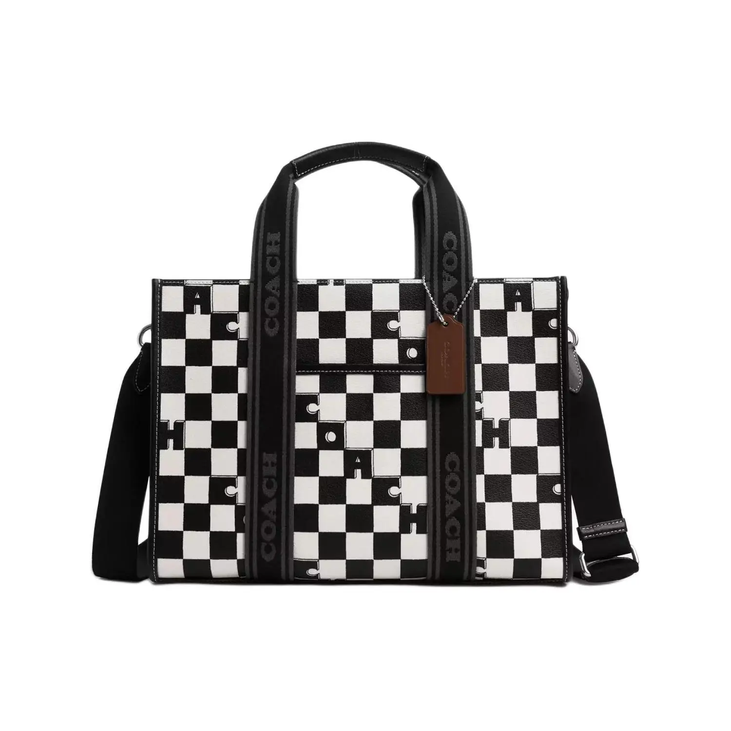 COACH Smith 34 Checkered Print Coated Canvas and Smooth Leather Tote Bag for Women, Large Size, Black
