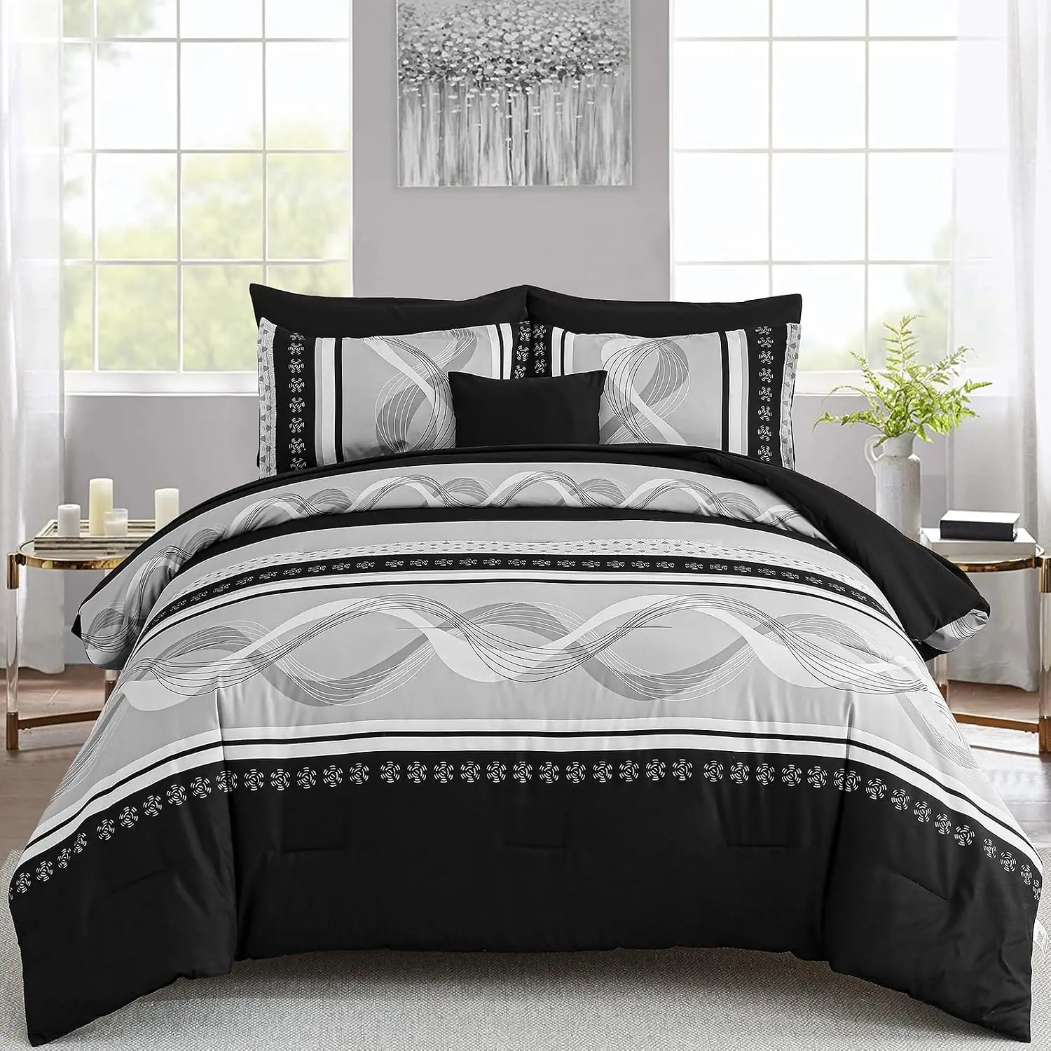 Black Comforter Set, Queen Size, 8 Pieces Boho Bed in a Bag Patchwork Striped Comforter Set, Soft Microfiber Bedding Set for All (90"*90")