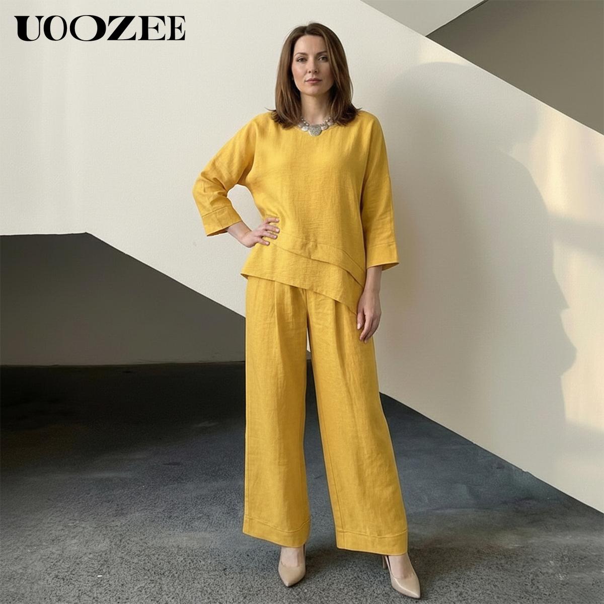 UOOZEE Women's Spring Summer Trend Look Loose Elastic Waistband with Pockets Wide Leg Pants & Oversized V-Neck Top Two-Piece Set, Spring Summer Casual/Work/Weekend Co-Ord for Women