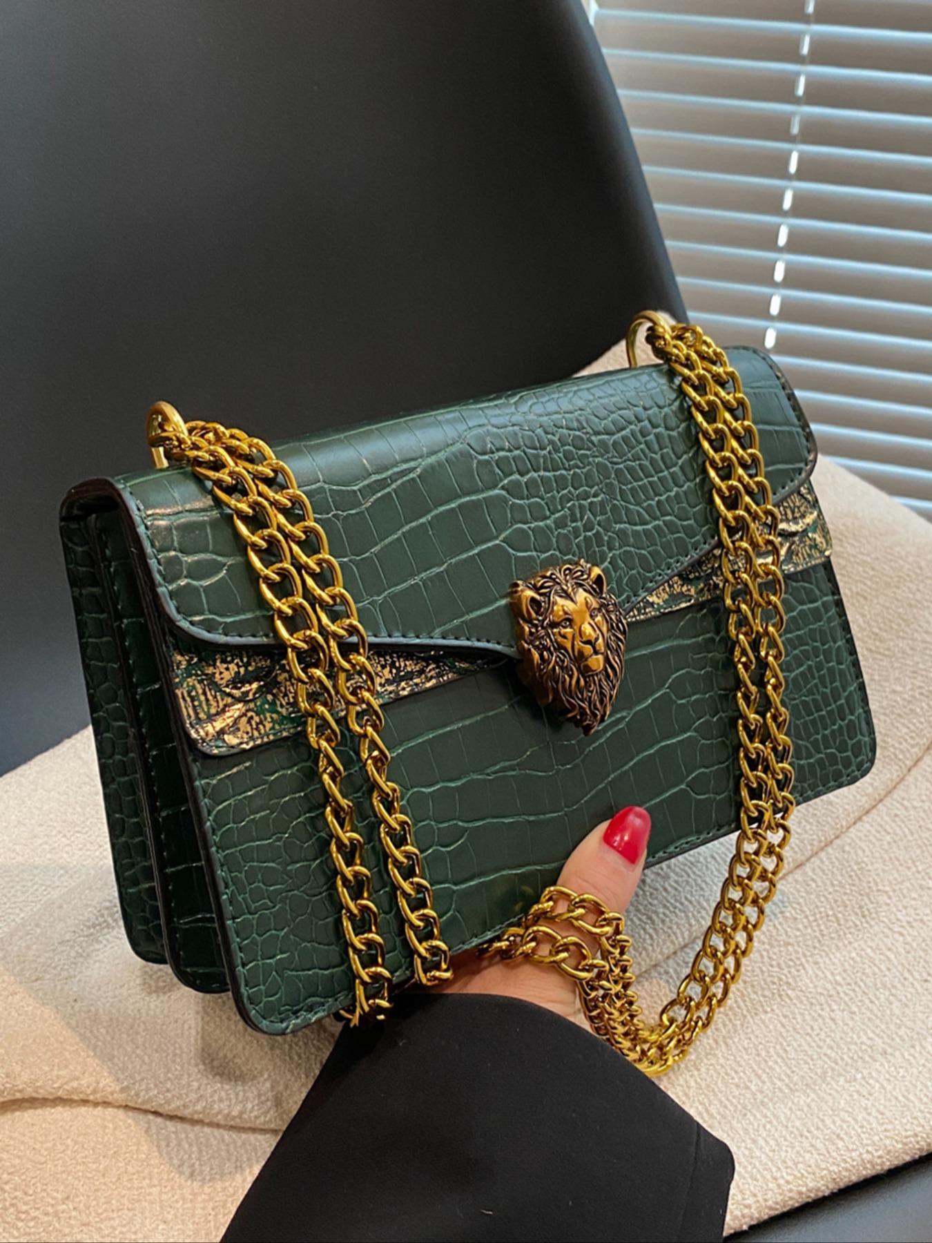Women's Elegant Crocodile Embossed Crossbody Bag, Fashion Lion Head Decor Shoulder Bag for Daily Used, Casual Trendy Versatile High-quality Daily Commuting Bag, Chain Crossbody Bags