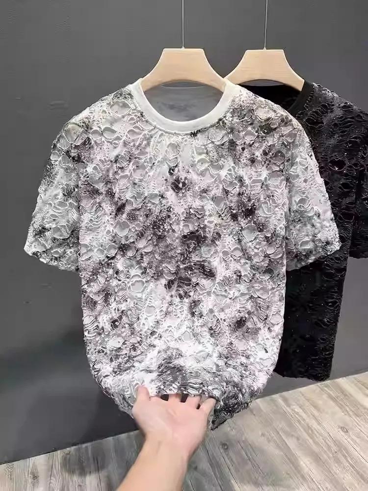 Summer 2026 Trendy Brand Men's T-shirt Loose Casual All-Match Tie-Dye Hole Design round Neck Short Sleeve Breathable