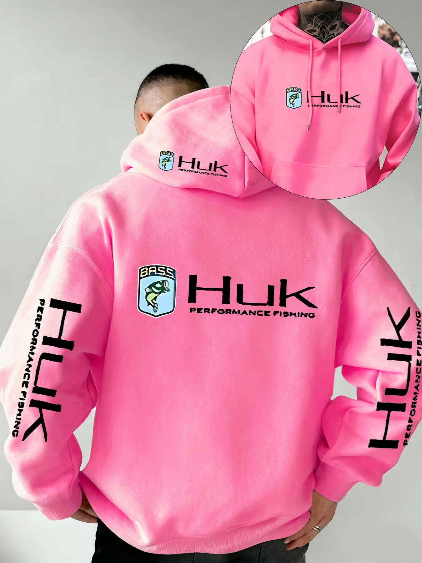 "huk" Letter Print Men's Hooded Sweatshirt, Soft Stretch Knit Fabric, Casual Loose Fit, Four-Season Wear, Fun Style, Essential for Young Adults