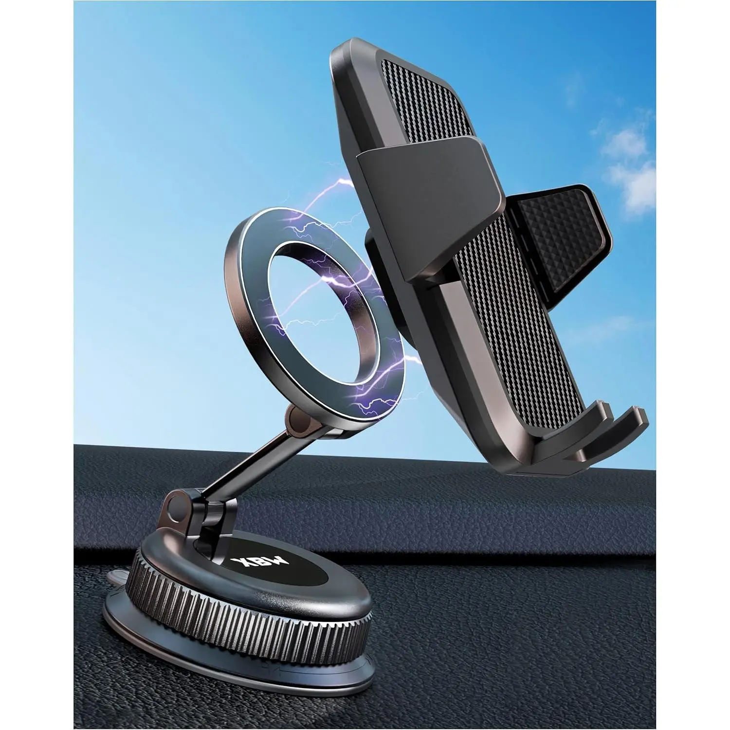 Car Phone Mount for Cars, Adjustable Clip & Base, 90lbs Suction Cup, Metal Core, Universal Fit for MagSafe & Android Phones, Thick Case Compatibility, No Ring Adapter Needed for Dashboard & Windshield